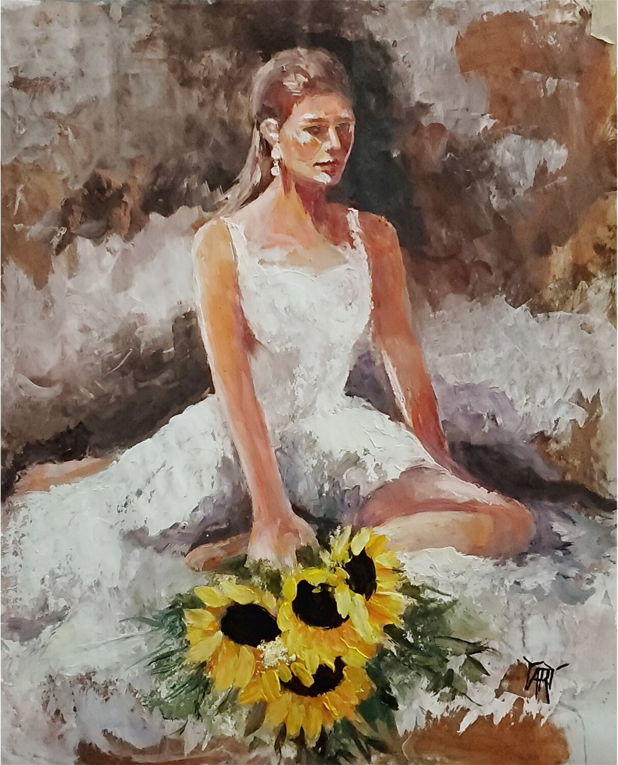 Woman with Sunflowers Jarmila Dluhos Original painting for sale