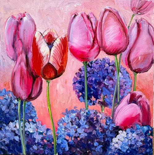 A Dance of  Tulips and Hydrangeas by Lana Popova, Painting for Sale on Select