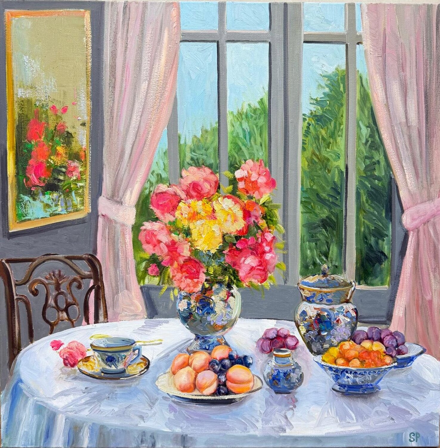 Still Life with Peonies and Porcelain Lana Popova Original painting for sale