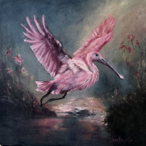 Roseate Spoonbill: Wings of Tender Radiance by Jenn Royster, Painting for Sale on Select