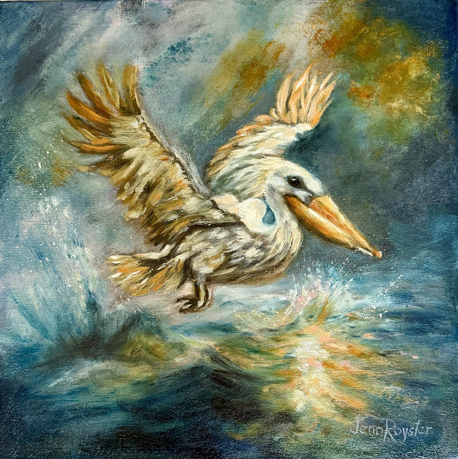 A Pelican's Trust Beneath The Roaring Blue Jenn Royster Original painting for sale
