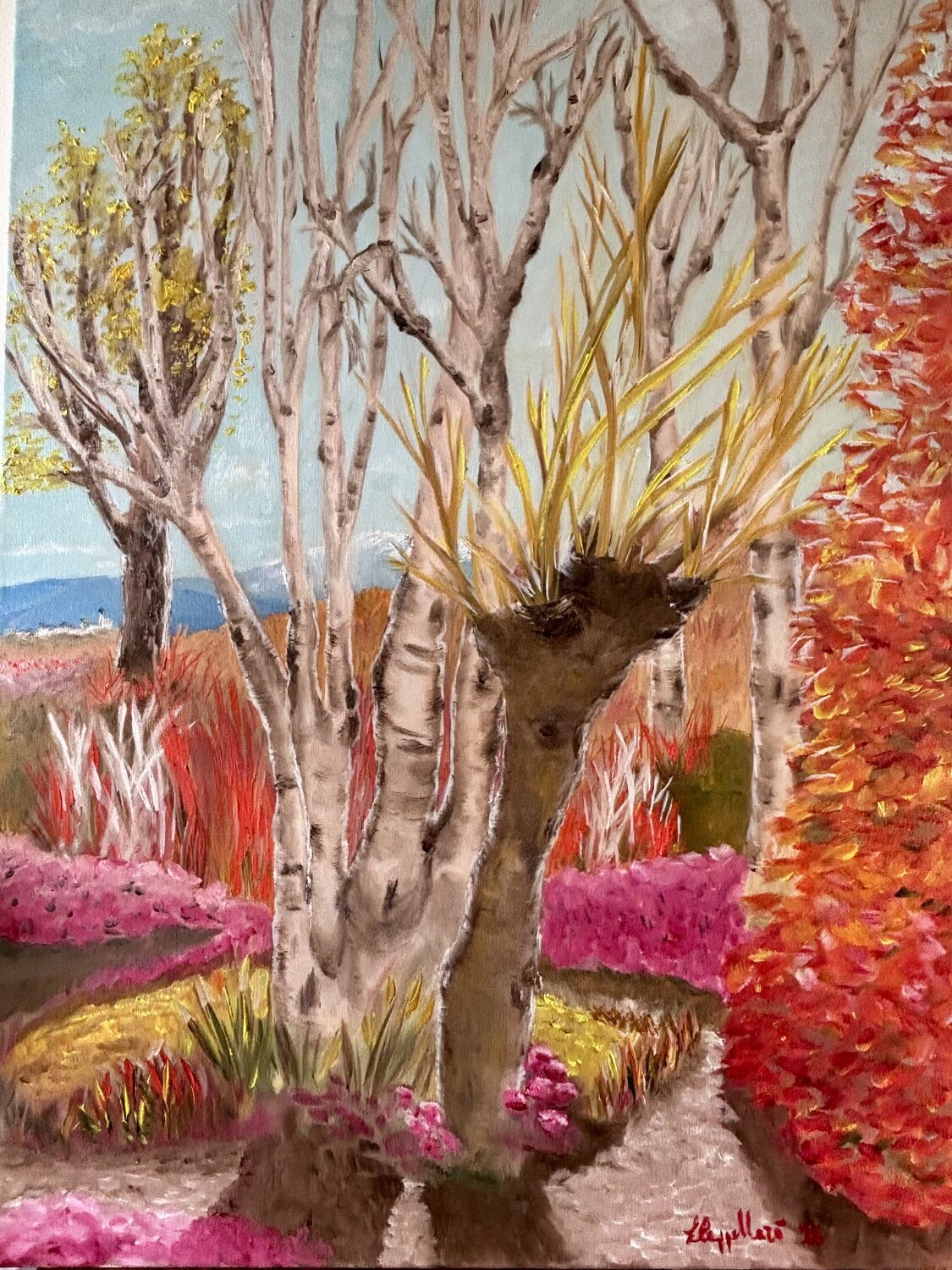 Il calore dei colori autunnali tra betulle ed eriche Luisa Cappellari Original painting for sale