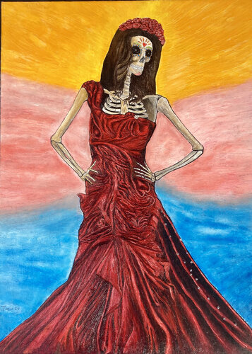 The modern catrina dressed with the nightingale of Kuala Lumpur by Jorge Humberto Tapia Perez, Painting for Sale on Select