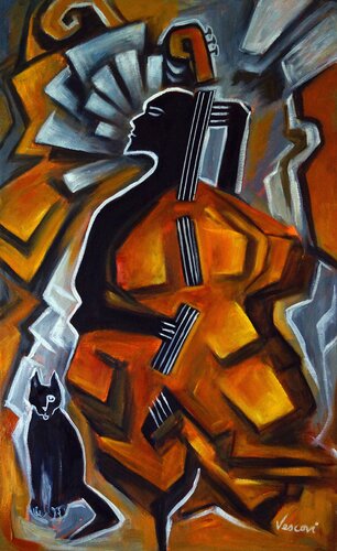Le Bassiste avec un Chat by Valerie Vescovi, Painting for Sale on Select