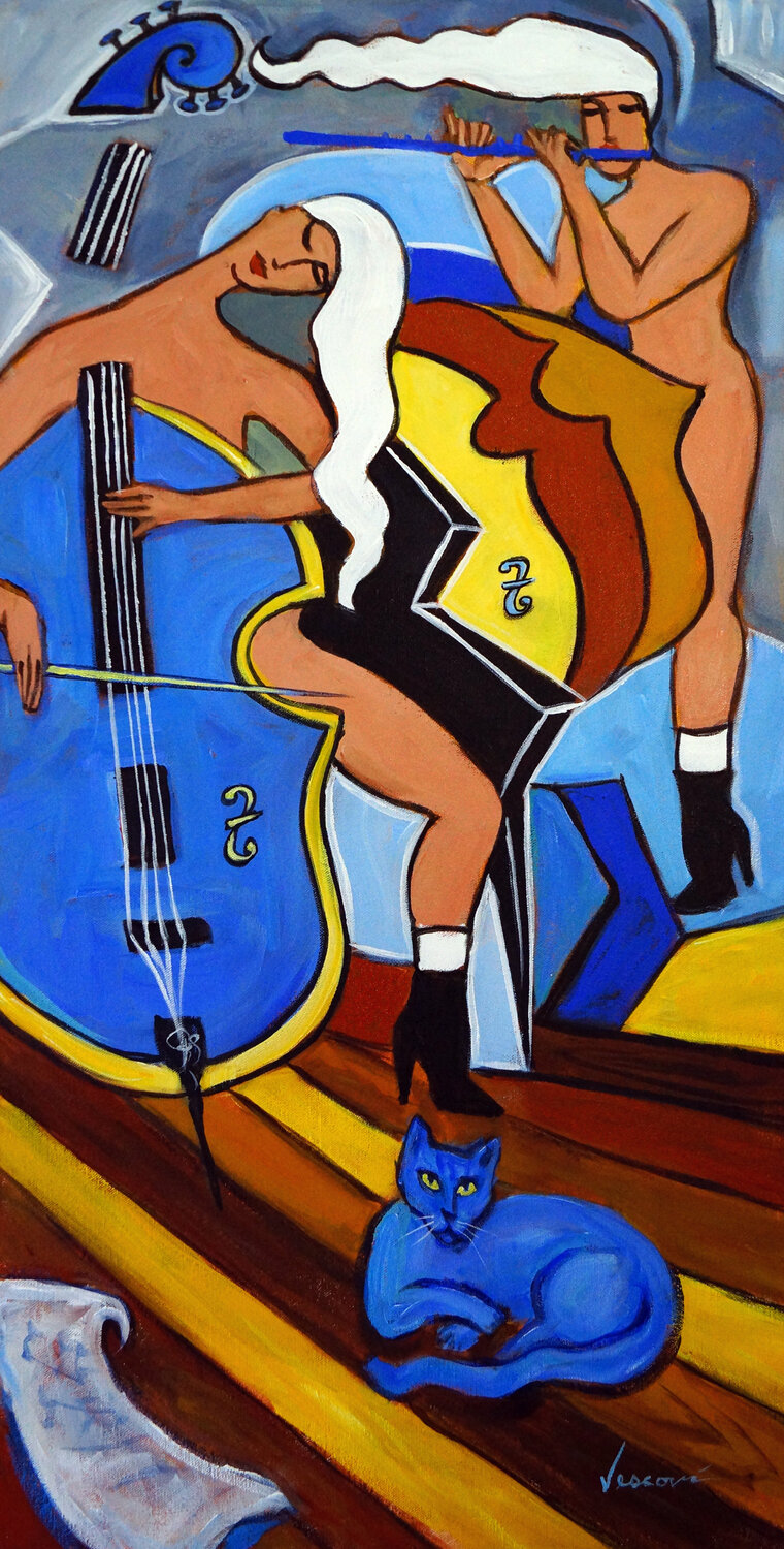 Musicians with Bleu Cat Valerie Vescovi Original painting for sale