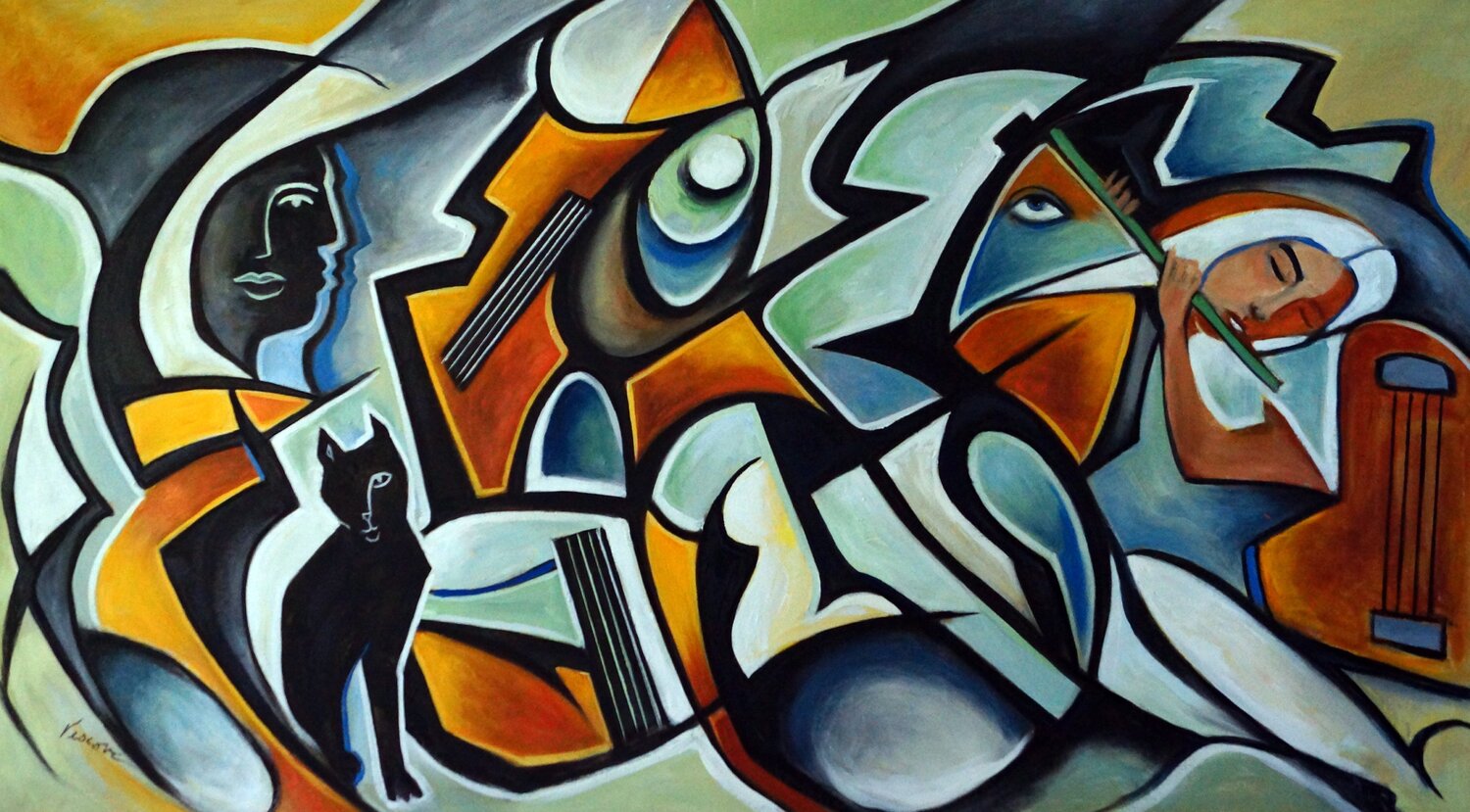 Flûte Verte, Chat Noir Valerie Vescovi Original painting for sale
