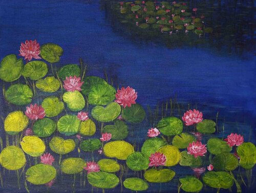 Whispers Of A Blue Lily Pond von Shakuntala RKrishnaiii, Malerei kaufen auf Select