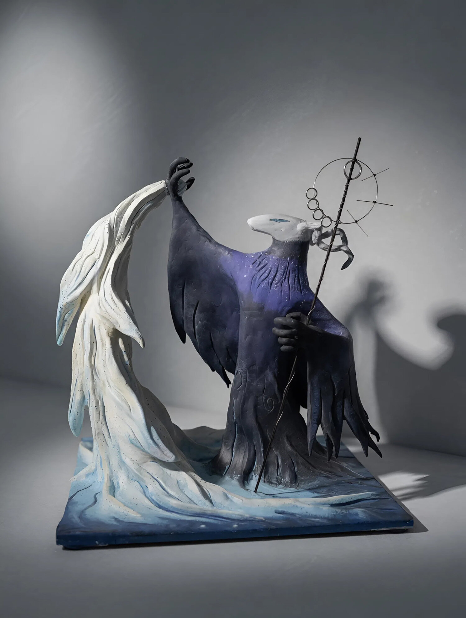 Night Shaman & the White Spirit — Original Dark Fantasy Sculpture