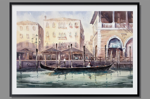 Scarlet Passage — Venice Gondola Watercolor by Vahe Grigorian, Painting for Sale on Select
