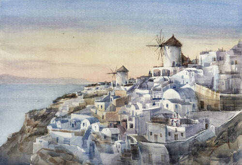 Whispers of the Wind: The Iconic Windmills of Santorini by Vahe Grigorian, Painting for Sale on Select