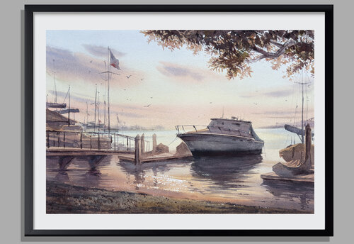 Newport Sunset: Watercolor Boat at Dusk by Vahe Grigorian, Painting for Sale on Select