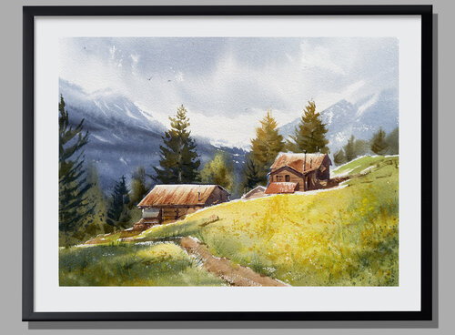 Swiss Mountains Watercolor — Cottages &amp; Yellow Hills by Vahe Grigorian, Painting for Sale on Select