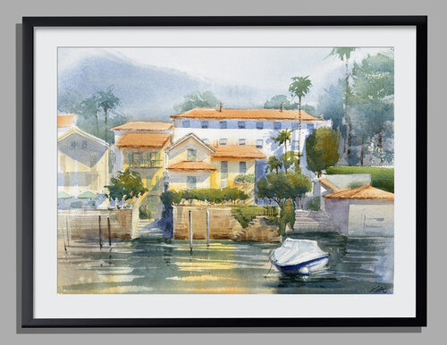 Sunny Lake Como Watercolor Painting — Italian Lakeside Houses & Boat by Vahe Grigorian, Painting for Sale on Select