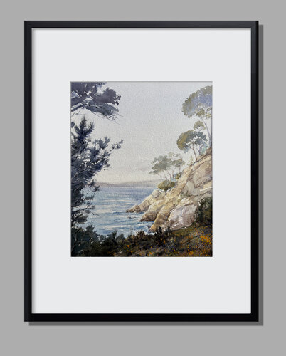 California Coast Watercolor Painting — Ocean Cliffs &amp; Cypress by Vahe Grigorian, Painting for Sale on Select