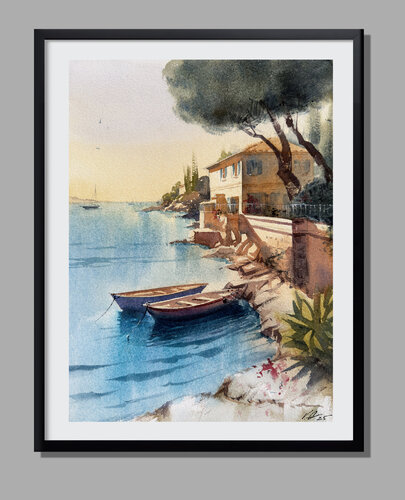 Boats in Tranquil Waters by Vahe Grigorian, Painting for Sale on Select