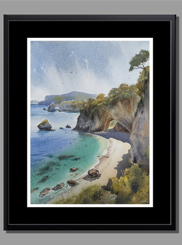 Cathedral Cove Watercolor — New Zealand Turquoise Sea by Vahe Grigorian, Painting for Sale on Select