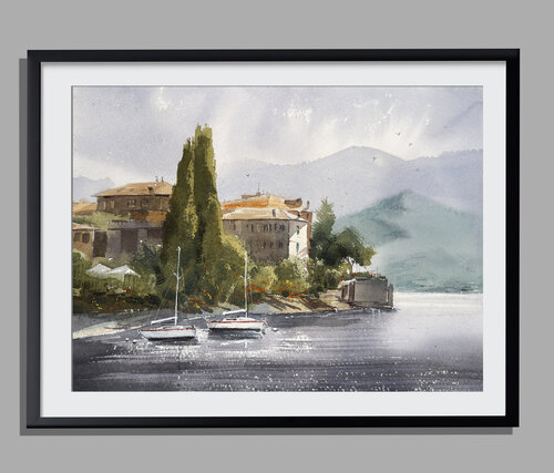 Morning Light Over Lake Como — Original Watercolor by Vahe Grigorian, Painting for Sale on Select