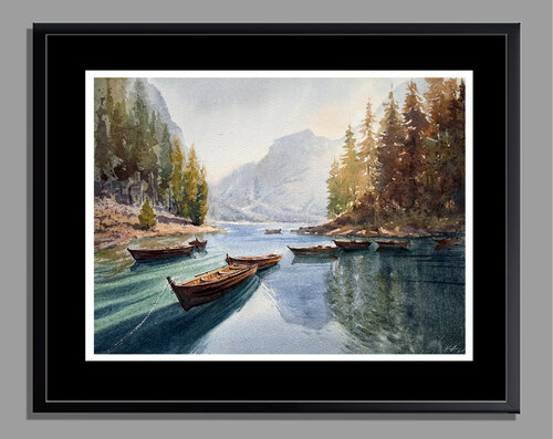Morning at Lake Braies — Watercolor Painting of Lake Braies, Italy by Vahe Grigorian, Painting for Sale on Select