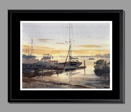 Sunset at Newport Beach — Original Watercolor by Vahe Grigorian, Painting for Sale on Select