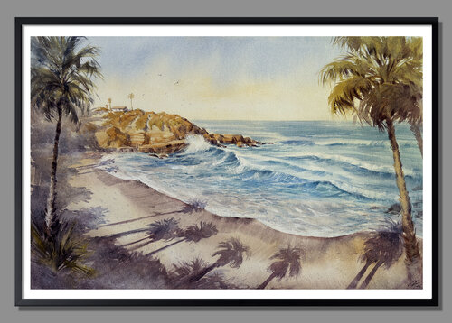 Pacific Gold: Palm Shadows at Sunset by Vahe Grigorian, Painting for Sale on Select