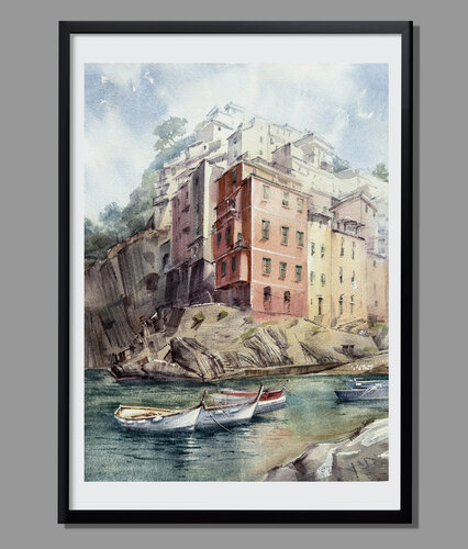 Cinque Terre Watercolor Painting — Italian Coast Houses & Boats by Vahe Grigorian, Painting for Sale on Select