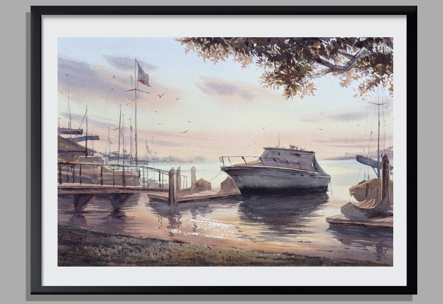 Newport Sunset: Watercolor Boat at Dusk Vahe Grigorian Original painting for sale
