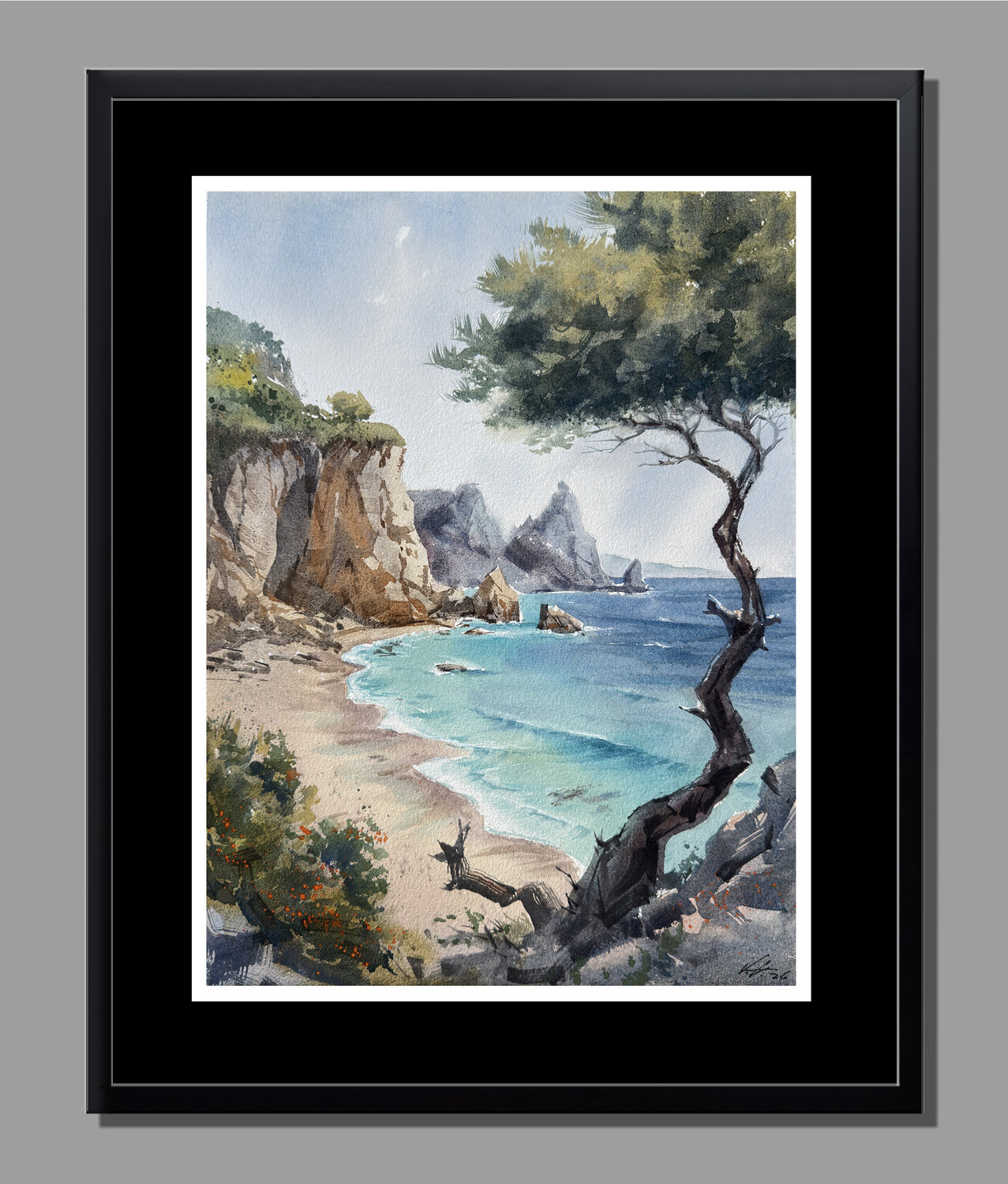 Turquoise Waters Watercolor — Cliffside Seascape with Lone Tree Vahe Grigorian Original painting for sale
