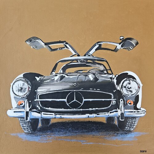 Mercedes SL 300 grey on ocher by Zoran Jovicic-Spaar, Painting for Sale on Select
