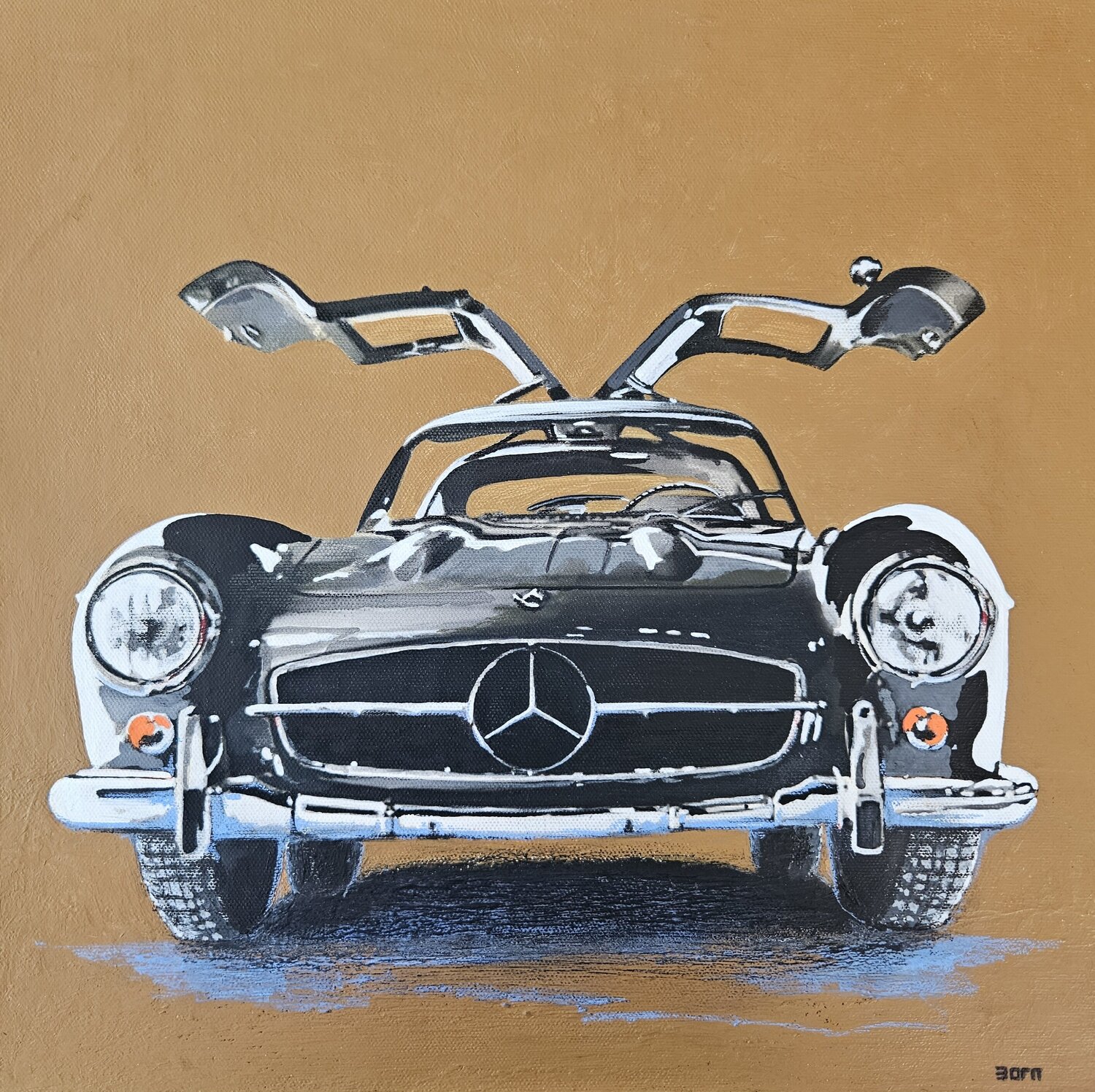 Mercedes SL 300 grey on ocher Zoran Jovicic-Spaar Original painting for sale