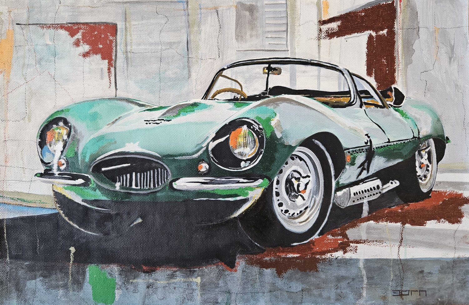 Jaguar E, green Roadster Zoran Jovicic-Spaar Original painting for sale