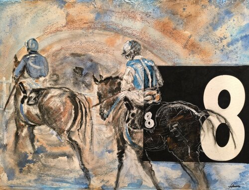 Les bleus en piste - Numéro 8 Tapis de selle de course hippique authentique peints - Chevaux by Adélaïde Andreu Leferme, Painting for Sale on Select