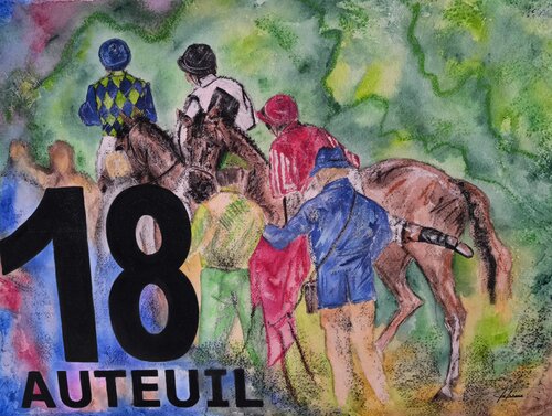 Rond de présentation, en selle -  Auteuil - Numéro 18 - Tapis de selle de course hippique authentique peints - Chevaux by Adélaïde Andreu Leferme, Painting for Sale on Select