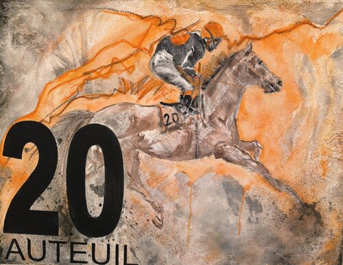 Gran Diose, Vainqueur Grand Steeple Chase 2024 -  Auteuil - Numéro 20 - Tapis de selle de course hippique authentique peints - Chevaux by Adélaïde Andreu Leferme, Painting for Sale on Select