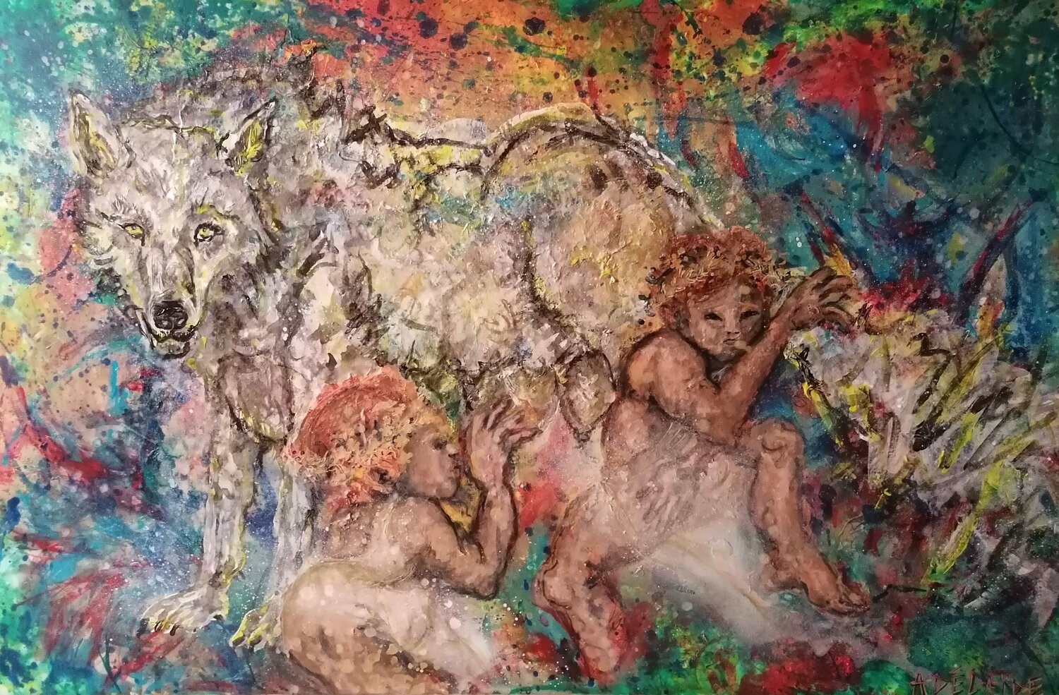 Romulus Remus et la Louve -- Amour Maternel Adélaïde Andreu Leferme Original painting for sale