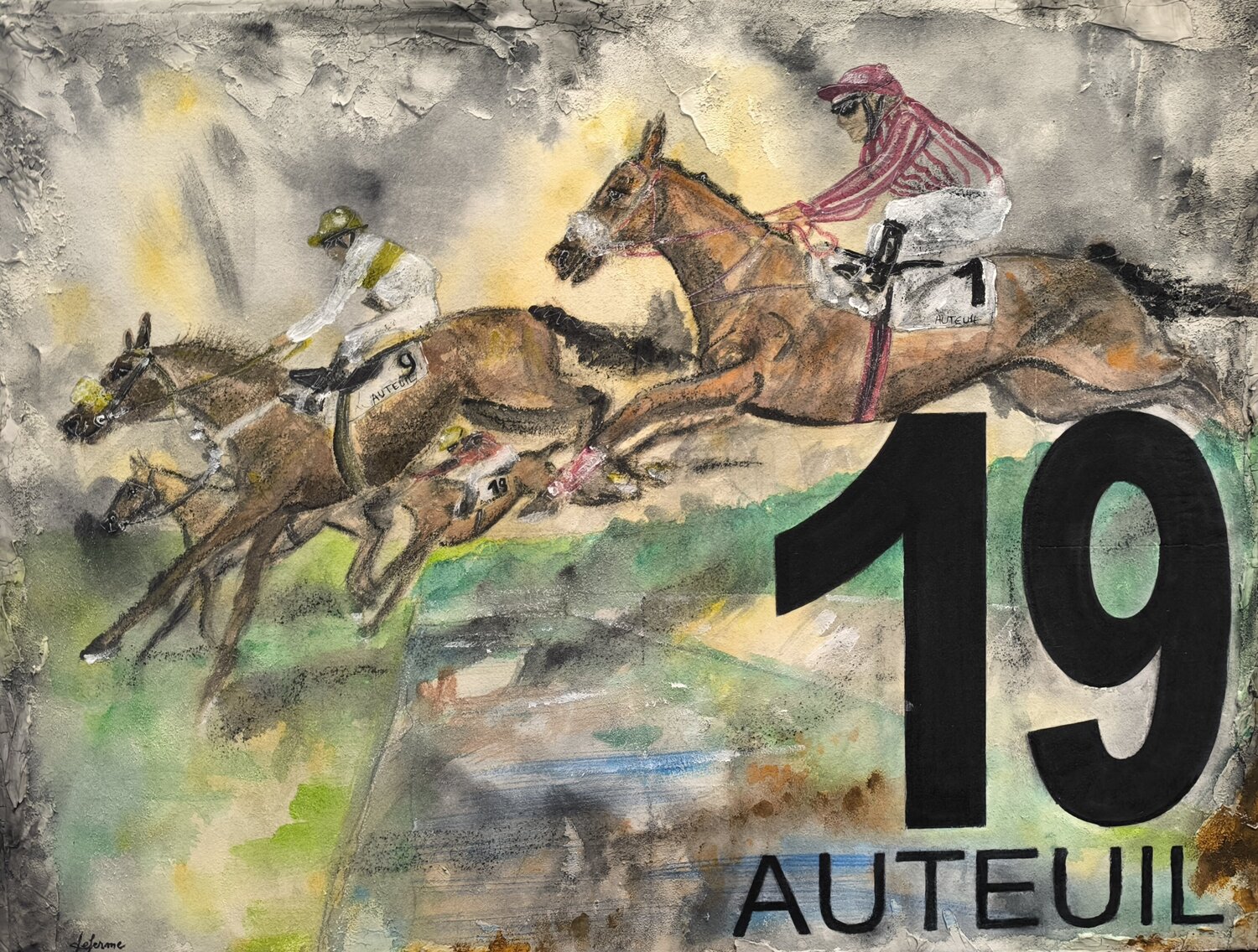 The River Auteuil - Numéro 19 - Tapis de selle de course hippique authentique peints - Chevaux Adélaïde Andreu Leferme Original painting for sale