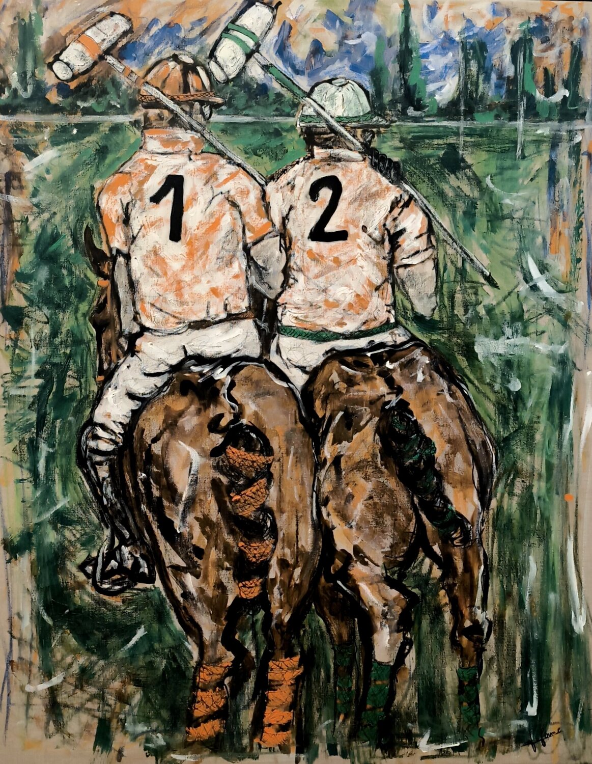 Chevaux de Polo et joueurs numero 1 et 2 après le match - Polo horses, Polo players numbers one and two after the chucker Adélaïde Andreu Leferme Original painting for sale