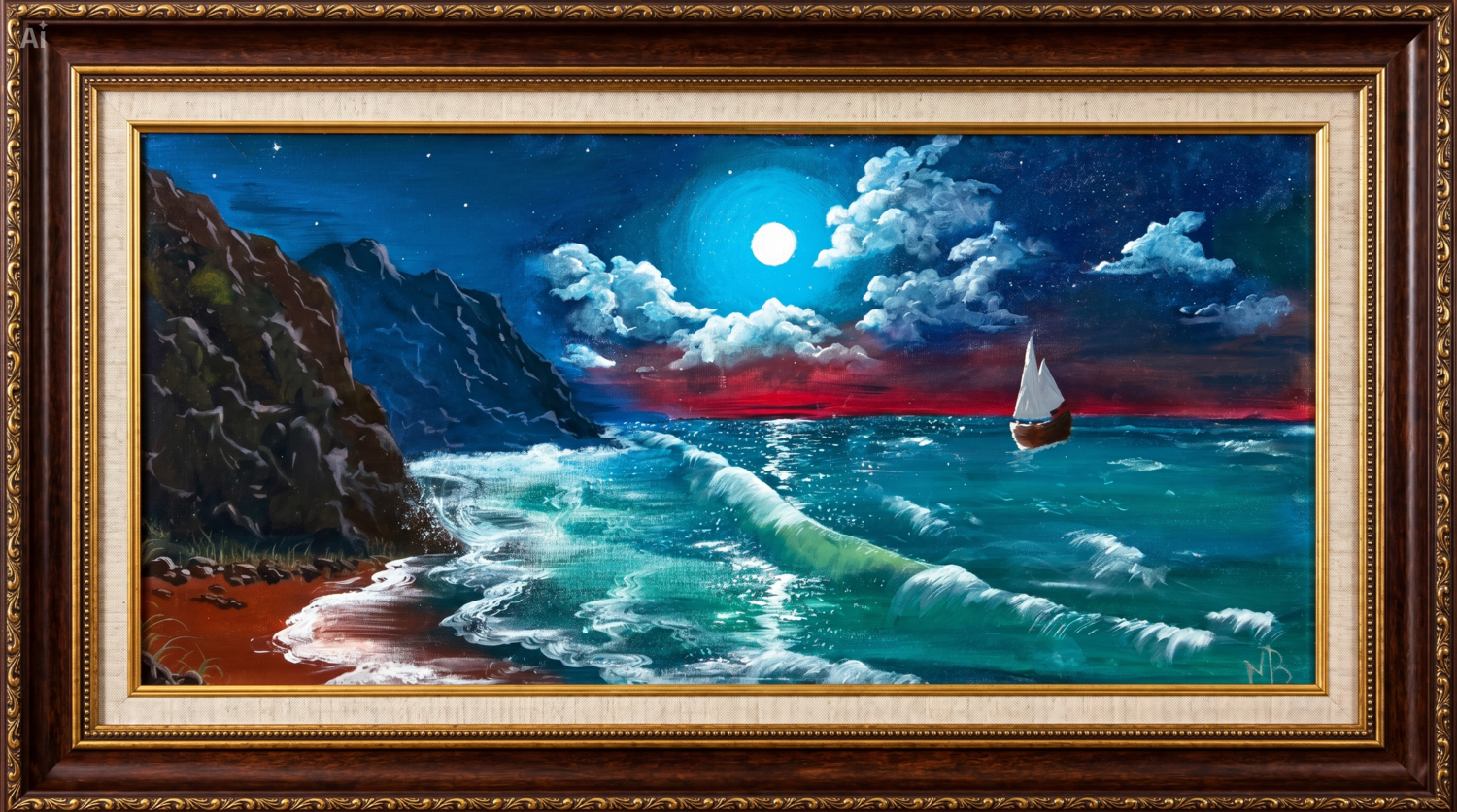 The wild sea under a silver moon Nesma BENZEKRI Original painting for sale