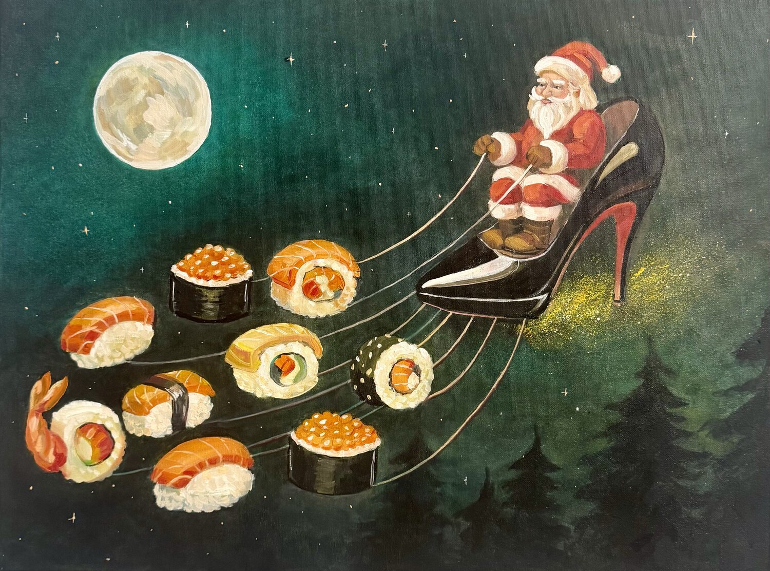 Santa’s Sushi Express Tori Grin Originalgemälde zu verkaufen