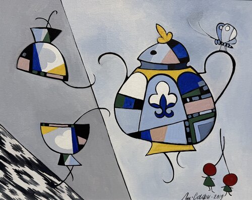 Pahta Still Life: A Geometric Tea Ritual by Li-Safi Mariya, Painting for Sale on Select