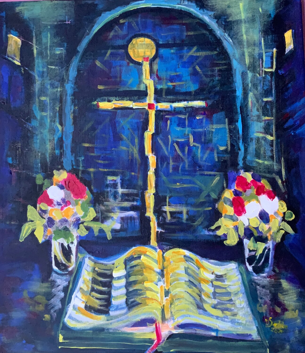Licht im Dunklen Raum - Altar im eingerüsteten Alten Dom St. Johannis in Mainz Margarita Siebke Original painting for sale