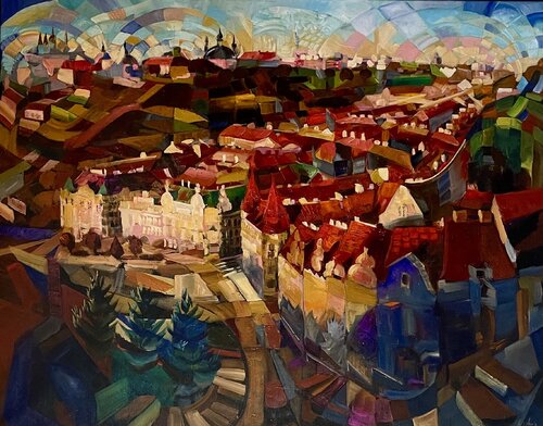 Golden hour over Nusle, Prague. by Lukos Hey, Painting for Sale on Select