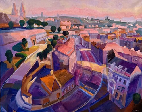 Morning glow over the castle walls, Vysehrad Prague. by Lukos Hey, Painting for Sale on Select