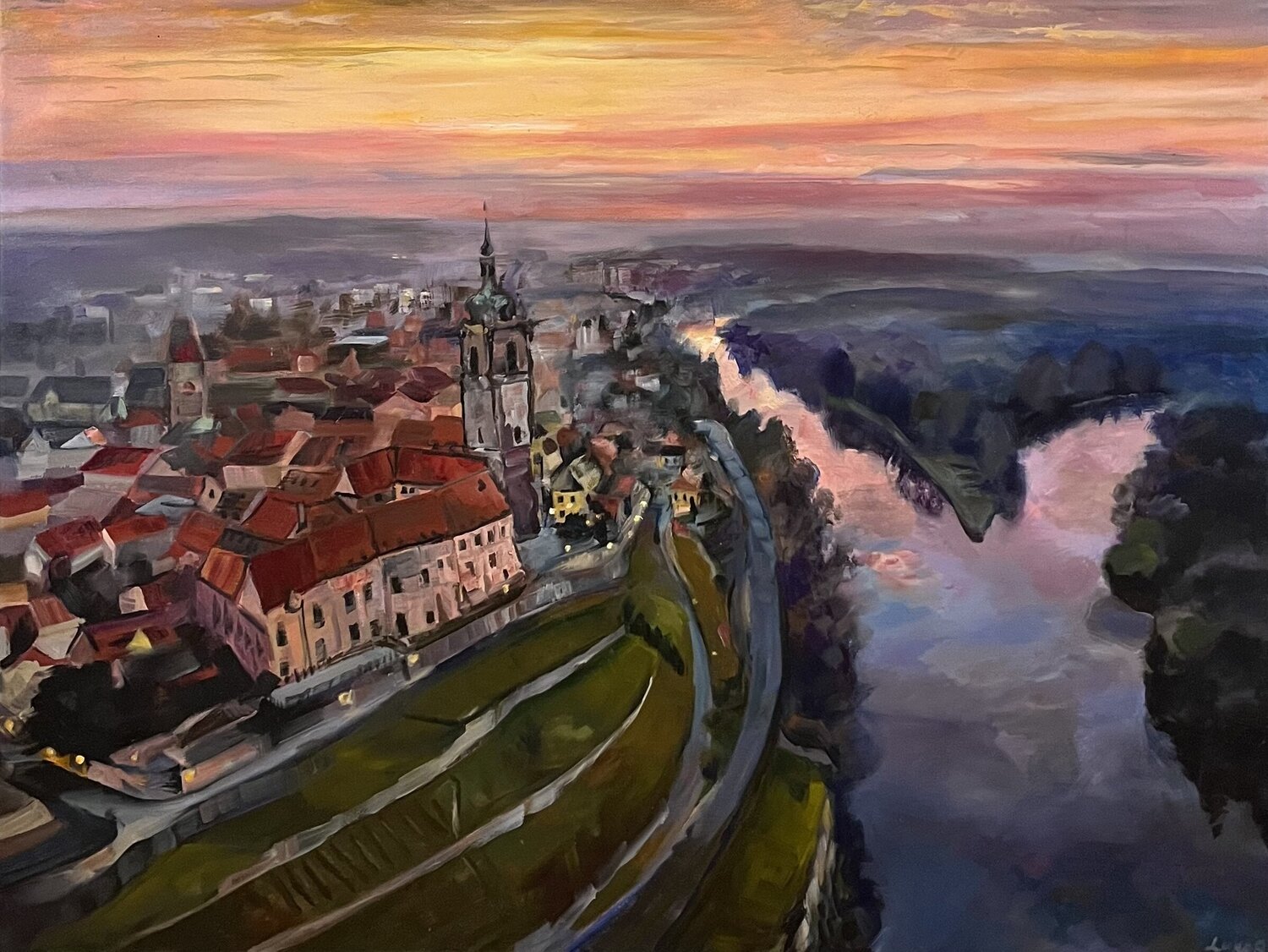 Breaking dawn over Melnik, Czech Republic Lukos Hey Original painting for sale