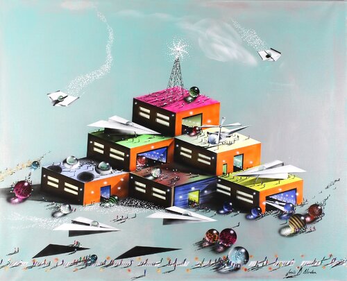 Tránsito en el Aeropuerto de Artefactos de Papel by Jesús Alcolea, Painting for Sale on Select
