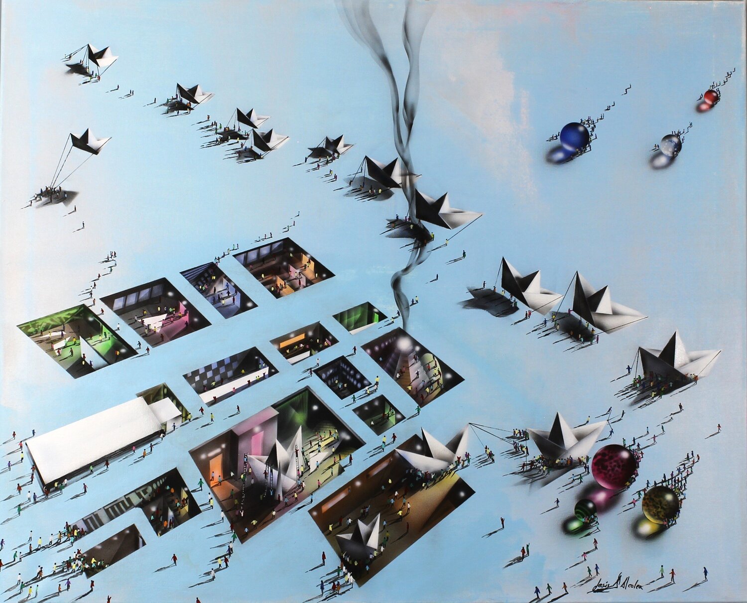 Cambio de turno en la fábrica de barcos de papel voladores Jesús Alcolea Original painting for sale