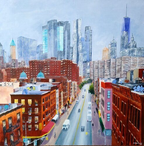 Barrio chino y rascacielos de Manhattan, New York city von Mónica Barbará, Malerei kaufen auf Select
