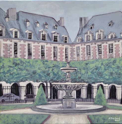 Whispers in grisaille. Paris, place Royal, place des Vosges, Marais by Mónica Barbará, Painting for Sale on Select