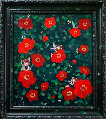 Manifestation: Camellia Garden with three pixies by Eury (Yeahgean) Kim, Painting for Sale on Select
