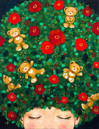 Manifestation : Teddy bears and camellia by Eury (Yeahgean) Kim, Painting for Sale on Select
