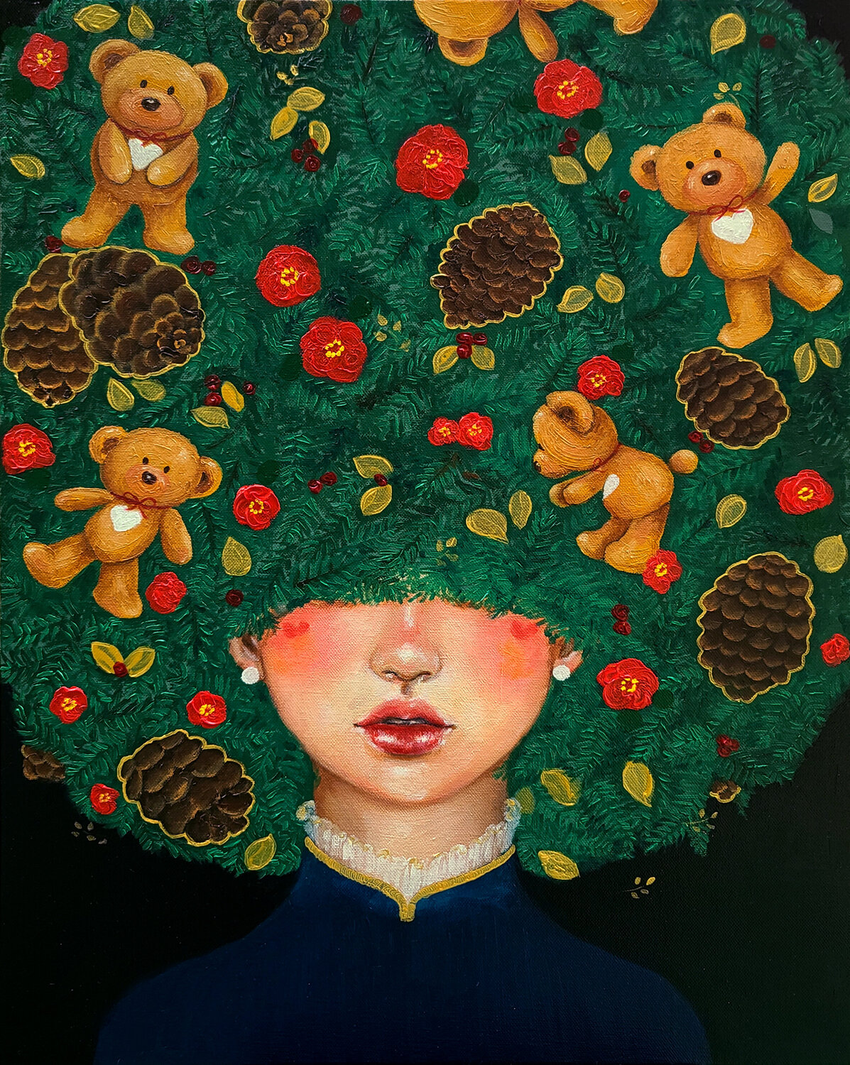 Manifestation: Teddy bears and Camellia tree Eury (Yeahgean) Kim Original painting for sale